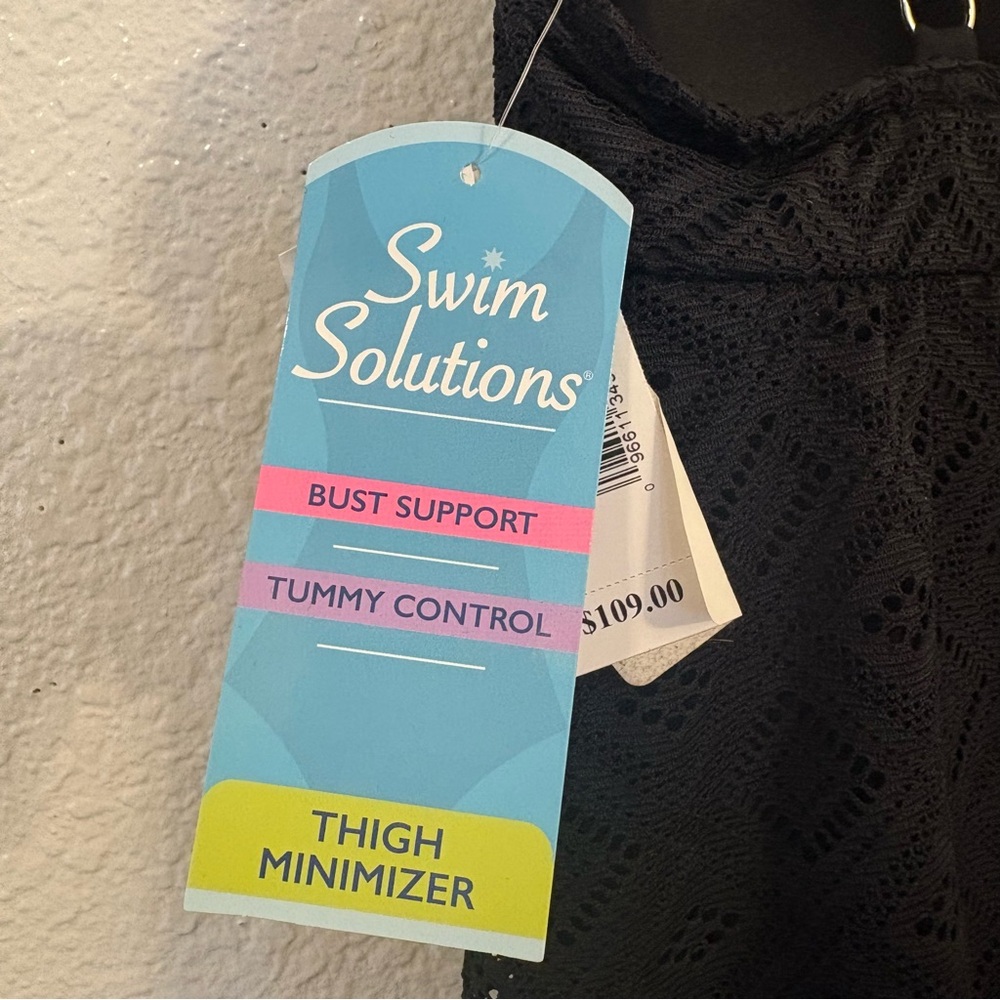 Swim Solutions Black Crochet Flyaway Tummy Control Swimdress Women Size 8 - Picture 9 of 11